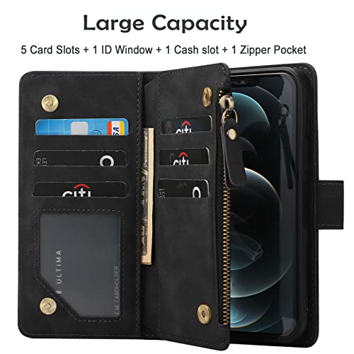 RANYOK Wallet Case Compatible with iPhone 13 Pro Max (6.7 inch), Premium PU Leather Zipper Flip Folio RFID Blocking Wallet with Wrist Strap Magnetic Closure Built-in Kickstand Protective Case (Black) - color: Black
