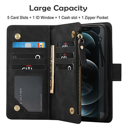 RANYOK Wallet Case Compatible with iPhone 13 Pro Max (6.7 inch), Premium PU Leather Zipper Flip Folio RFID Blocking Wallet with Wrist Strap Magnetic Closure Built-in Kickstand Protective Case (Black) - color: Black