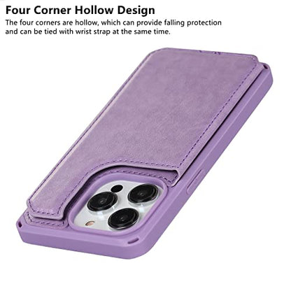 iCoverCase Compatible with iPhone 14 Pro Wallet Phone Case with Card Holder for Women, RFID Blocking Embossed PU Leather Wrist Strap Case 6.1 Inch (Macaron Purple) - color: P-Purple