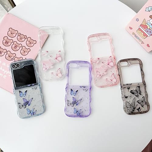 UEEBAI Wave Butterfly Case for Samsung Galaxy Z Flip 5/Z Flip 6/Z Flip 7 FE 5G Case, Pretty Bling Star Butterfly Cute Shiny Glitter Phone Cover Bling Clear Cover Curly Shockproof Girly - Blue - color: Blue, size: Z Flip 7 FE/Z Flip 6/Z Flip 5 5G