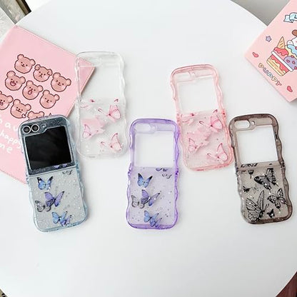 UEEBAI Wave Butterfly Case for Samsung Galaxy Z Flip 5/Z Flip 6/Z Flip 7 FE 5G Case, Pretty Bling Star Butterfly Cute Shiny Glitter Phone Cover Bling Clear Cover Curly Shockproof Girly - Blue - color: Blue, size: Z Flip 7 FE/Z Flip 6/Z Flip 5 5G