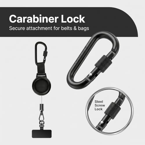2Pack Anti theft Phone Tether, Retractable Phone Lanyard with Steel Cable, Locking Carabiner & 360° Swivel, Universal Phone Tether Tab for Outdoor Skiing Hiking Climbing Fishing, Black