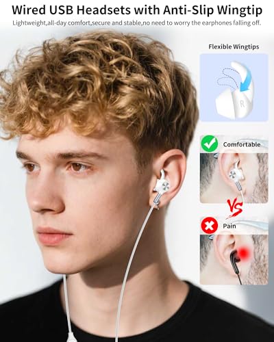 USB Earbuds with Microphone for PC Laptop,USB A Headphones,White - color: White