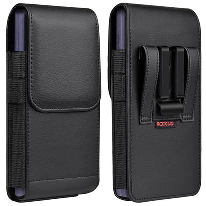 ACCKUO Leather Phone Holster with Strong Metal Belt Clip and Magnetic Closure Compatible with iPhone 16/15/14/13/12 Pro Max, Galaxy S25/S24/S23/S22 Plus & FE, L-Black - color: Black, size: Large