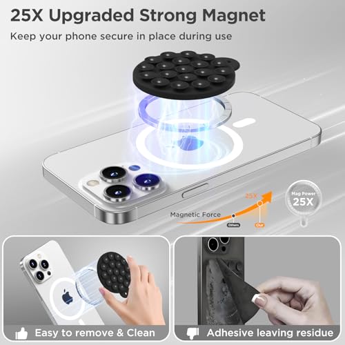 Magnetic Suction Cup Phone Mount with MagSafe, Silicone Hands-Free Grip Holder for iPhone Case and Android, Mirror Shower Phone Stand for Makeup FaceTime Gym Kitchen Bathroom, Black - color: Black