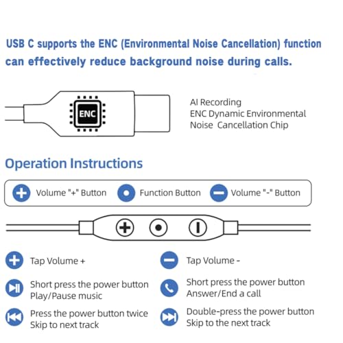 USB C Wired Headphones with Noise-Canceling Mic Powerful Bass In ear Earbud