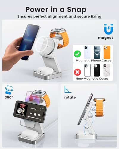 3-in-1 Wireless Charger for iPhone,15W Fast Wireless Charging Station Compatible with Mag-Safe Charger,Magnetic Foldable Travel Charger Stand Nightstand for iPhone 17/16/15/14/13,Apple Watch&AirPods - color: White