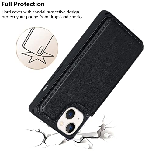 iCoverCase Compatible with iPhone 14 Wallet Phone Case with Card Holder for Women, RFID Blocking Embossed PU Leather Wrist Strap Case 6.1 Inch (Macaron Black) - color: P-Black