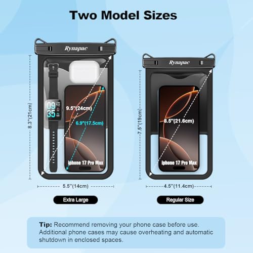 Rynapac Large Waterproof Phone Pouch [Up to 10"] - 2 Pack IPX8 Waterproof Phone Case for iPhone 17 16 15 Pro Max Galaxy S26 Ultra, Touchscreen & Underwater Photography, Beach Cruise Essentials 2026 - color: [Black + Pink] Large Waterproof Phone Pouch, siz