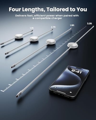 iOttie Basix 100W Retractable USB-C Cable, Fast Charging USB C-to-C Cable with 4 Adjustable Cable Lengths, USB C Cable for iPhone 17/17 Air/17 Pro/Pro Max, 16, 15 Series, Samsung S24/23+