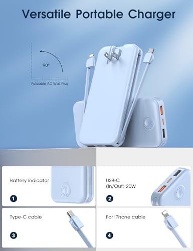 Nusyddy Portable Charger 10000mAh Fast Charging w/Built-in Wall Plug Blue - color: Cerulean