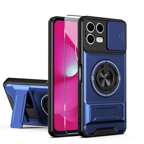 Compatible for T-Mobile Revvl 8 Pro TMRV08P5G Phone Case with HD Screen Protector, [Slide Camera Cover] [3 Stand Ways] Ring Holder Kickstand Military Grade Shockproof Protective Cover Case - Blue - color: Revvl 8 Pro Blue