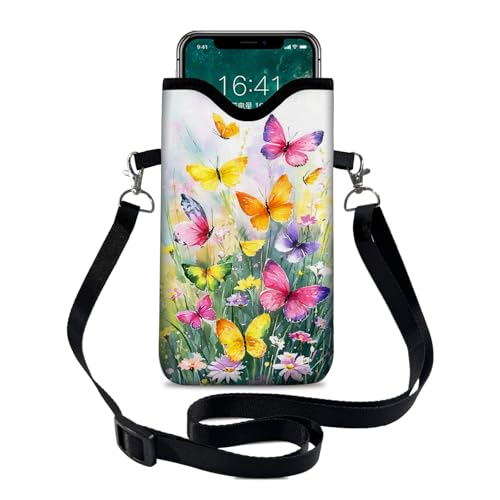 Neoprene Cell Phone Sleeve Pouch Case Bag with Crossbody Strap Neck Lanyard for Women 7.1 X 3.9 in Flower Butterfly - color: Flower Butterfly