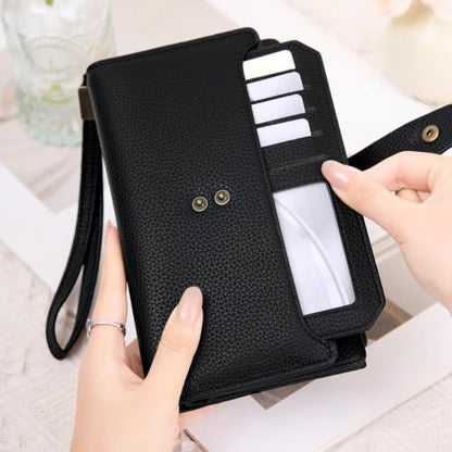 GAEKEAO Womens Wallet RFID Blocking Large Capacity Vegan Leather Card Holder Wristlet Clutch with 32 Card Slots 4 ID Windows - color: X01-Black