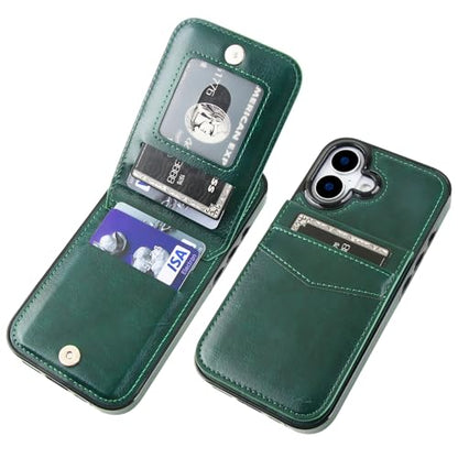 KIHUWEY for iPhone 17 Wallet Case Card Holder Kickstand, Dark Green | Credit Card Slots, PU Leather, Magnetic Clasp, Flip Heavy Duty Protection Cover for Men and Women - color: Dark Green