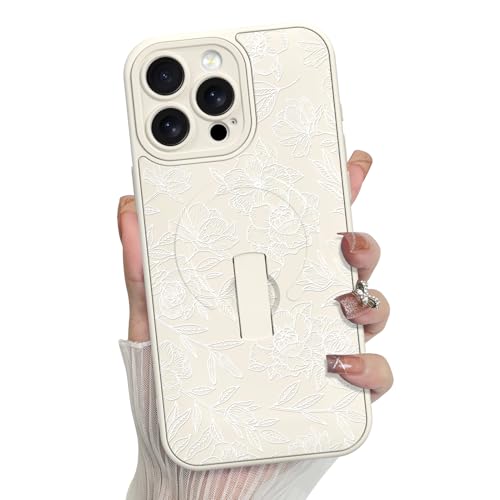 MZELQ for iPhone 15 Pro Max Case Rose Floral Flower Pattern -White | Silicone Cute Support for MagSafe, Kickstand Wristband Camera Protection Soft Slim Phone Case for Girls Women - color: White-Rose, size: iPhone 15 Pro Max