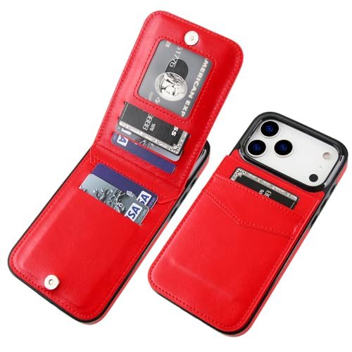KIHUWEY for iPhone 17 Pro Max Wallet Case Card Holder Kickstand, Red | Credit Card Slots, PU Leather, Magnetic Clasp, Flip Heavy Duty Protection Cover for Men - color: Red