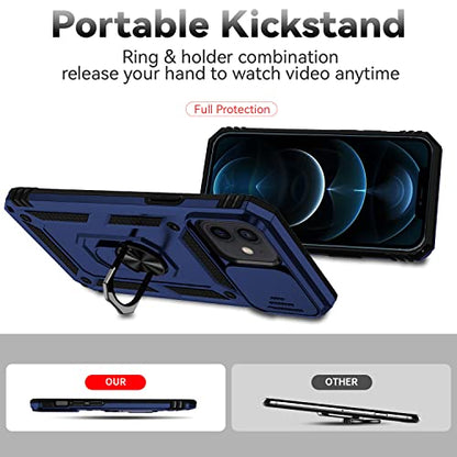 for iPhone 12 Mini Case with Camera Lens Cover HD Screen Protector, Dual Layer Military Grade Drop Protection Magnetic Ring Holder Kickstand Protective Phone Case for iPhone 12 Mini 5.4 inch (Navy) - color: Navy Blue with camera cover Military-Grade 2nd g
