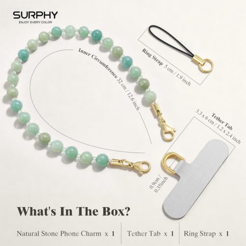 SURPHY Natural Stone Phone Charm, Beaded Phone Wrist Strap with Tether Tab - color: Amazonite
