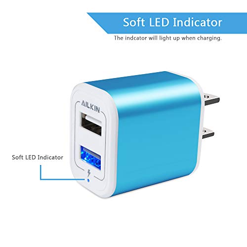 USB Plug in Wall Charger, Charging Block, 2Pack 2.1A Fast Charge Dual Port - color: Blue