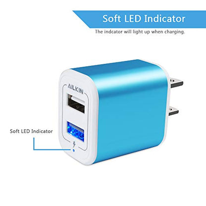 USB Plug in Wall Charger, Charging Block, 2Pack 2.1A Fast Charge Dual Port - color: Blue