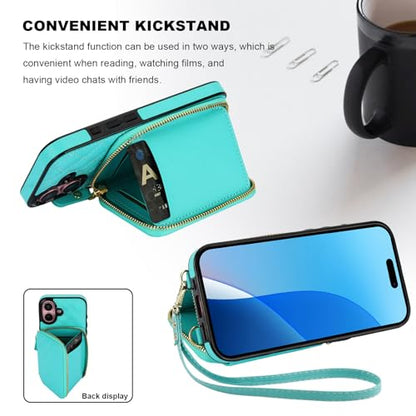 Bocasal Crossbody Wallet Case Card Holder for iPhone 16, Mint Green | RFID Blocking PU Leather Zipper Handbag Purse, Kickstand Flip Folio Case with Card Slots Holder Wrist Strap Lanyard 6.1 Inch - color: Green