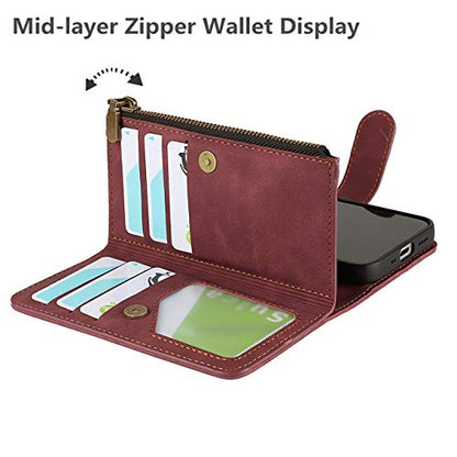 iCoverCase for iPhone 12 Mini Wallet Case with Card Holder and Wrist Strap, PU Leather Kickstand Card Slots Zipper Pocket Magnetic [Detachable] Flip Cover Case 5.4 Inch (Claret) - color: Claret
