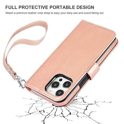 Bocasal Detachable Wallet Case Card Holder for iPhone 15 Pro Max Rose Gold | RFID Blocking Kickstand Card Slots Holder PU Leather Magnetic Shockproof Wrist Strap Removable Flip Protective Cover 6.7 inch - color: Rose Gold