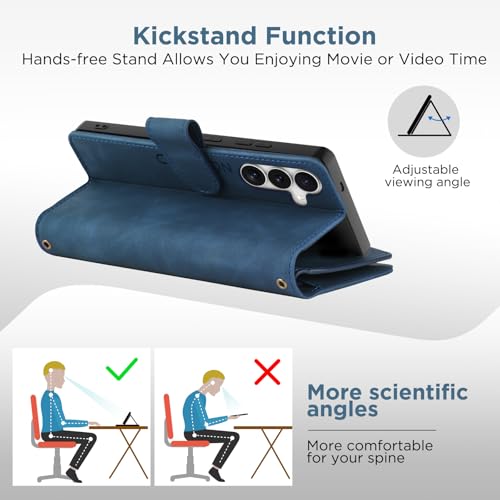 for Samsung Galaxy S25-FE-Wallet Case: with RFID Blocking Card Slots (6 Cards) | Soft PU Leather Magnetic Snap Zipper Pocket | Crossbody Wrist Strap Protective Phone Cover - Blue - color: Blue, size: Galaxy S25 FE（6.7‘’）