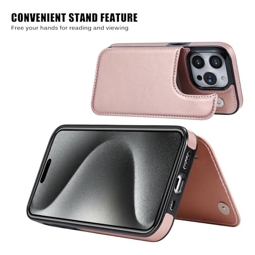 Wallet Case Compatible with iPhone 15 Pro Max(6.7"),Slim Protective case with Card Holder with 1 Screen Protective Glass,Premium PU Leather Kickstand Card Slots Case-Rose Gold - color: Rose Gold