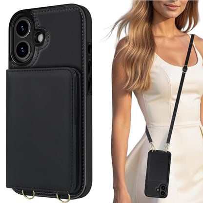LOHASIC iPhone 17 Case Wallet for Women, Detachable & Adjustable Crossbody Strap with Wrist Strap, 4 Card Slots & 2 Cash Slots, RFID Blocking Phone Case Wallet Built-in Kickstand, Black - color: Black, size: iPhone 17
