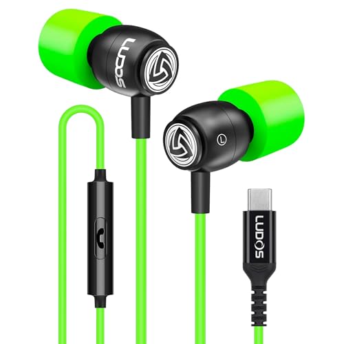 LUDOS Clamor USB C Headphones for iPhone 17 16 15 Pro Max Plus Air iPad Pro, 5 Years Warranty, USB-C Earbuds for Samsung Galaxy S26 S25 S24 S23 Ultra S22 S21 FE S20 A55 A54 A53, USB Type C Earphones - color: Green, style: USB-C