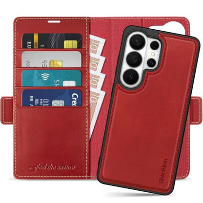 SHIELDON Removable Leather Wallet Case for Galaxy S26 Ultra 6.9", Retro Red | Genuine Leather, Detachable, RFID Blocking, Credit Card Slot, Flip Magnetic Design, Kickstand, Shock Absorbing Phone Cover - color: Retro Red