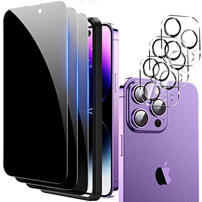 Fotbor Privacy Screen Protector for iPhone 14 Pro with Camera Lens Protector [3+3 Pack], with Easy Installation Kit, Anti Spy Private Full Coverage Tempered Glass Film 6.1 Inch, Bubble Free - size: iPhone 14 Pro-6.1 inch