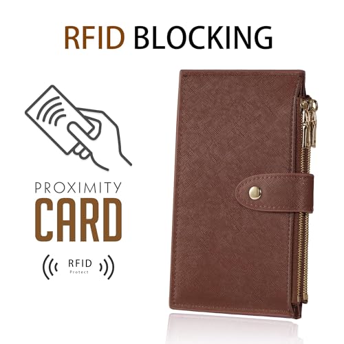 Travelambo RFID Wallet Women Large Size Bifold Multi Card Wallet Case with Zipper Pocke Credit Card Holder for Women - color: Brown Deep