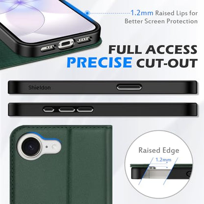 SHIELDON Genuine Leather Flip Wallet Case for iPhone 17e/16e, Evergreen | Magnetic Closure, RFID Blocking, Credit Card Holder, Viewing Stand, Foldable Design, Shockproof Protective Cover - color: Evergreen