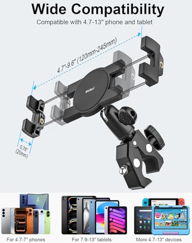 Aluminum Bike Tablet Mount Camera Clamp, Handlebar Tablet Holder for Motorcycle, Bicycle, Scooter, Stroller, Wheelchair for iPad Pro Air Mini, Galaxy TabS, Z Fold, Fire, iPhone, 4.7-13" Devices