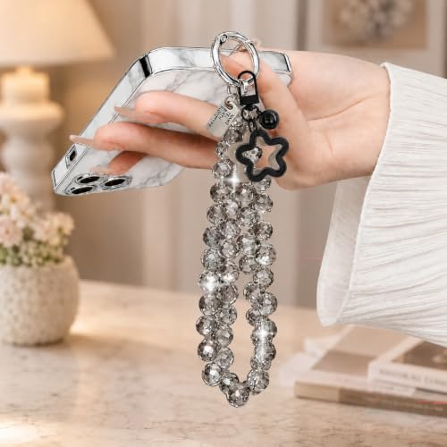 Cute Phone Wrist Strap Chic Beaded Cellphone Lanyard Phone Charm Grip Strap - color: Gray Crystal