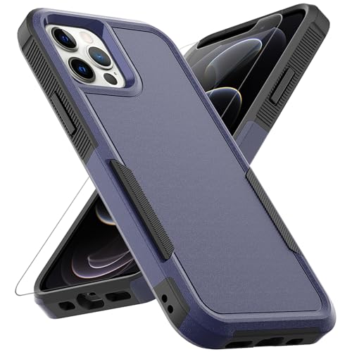 for iPhone 12 / iPhone 12 PRO Case: Dual Layer Protective Heavy Duty Cell Phone Case Shockproof Rugged Bumper Tough with Screen Protector - Military Grade Drop Tested for iPhone 12/12 PRO, Blue - color: Navy Blue (PC) + Black (TPU)
