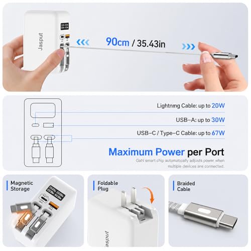 Jasput 67W Retractable Wall Charger, Built-in Dual USB-C Cables - color: White-CC