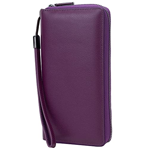 Bveyzi Women RFID Blocking Wallet Leather Zip Around Phone Clutch Large Capacity Ladies Travel Purse Wristlet - color: Purple