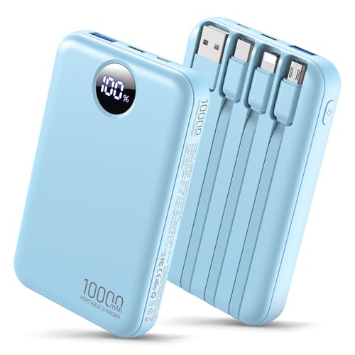 Portable Charger 10000mAh with 4 Built-in Cables 40% Smaller - color: Light Blue