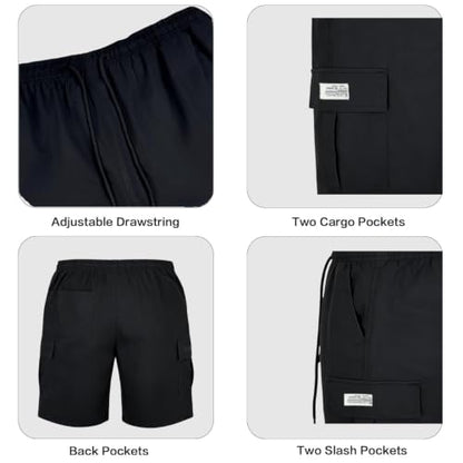 2 Pack Men's 10" Cargo Shorts Quick Dry Stretch Waist Hiking - color: Black+khaki, size: XX-Large