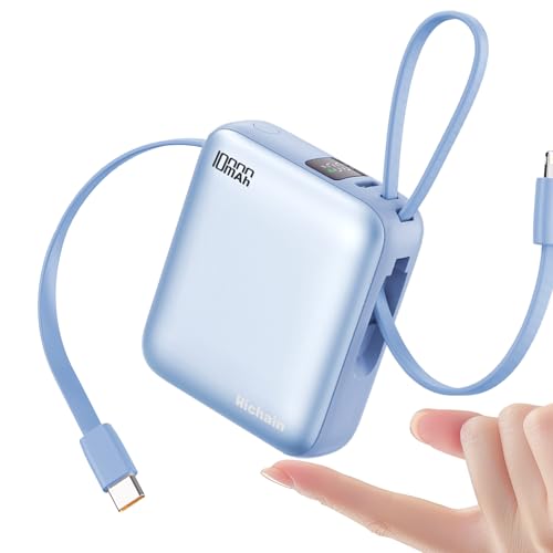 Hichain Mini Portable Charger with Built in Cables LED Display, Mini Power Bank 10000mAh 22.5W USB-C Fast Charging Portable Charger, Small Power Bank for iPhone Compatible with iPad & Android Blue - color: Blue