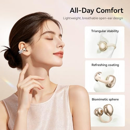 Clip On Earbuds with Detachable Butterfly Earrings & LED Makeup Mirror Case, Wireless Earbuds Bluetooth 6.0, Air Conduction Headphones, Lightweight for Travel Work Daily Use,Great Gift Choice - color: Sunset Gold