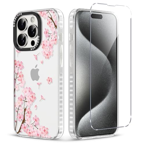 for iPhone 15 Pro Case Floral with Screen Protector,Protective Shockproof Slim Clear Floral Phone Cover?Cute Phone Case for Women Girl with Flower Pattern Design (Pink Plum Blossom) - color: Pink plum blossom, size: iPhone 15 Pro
