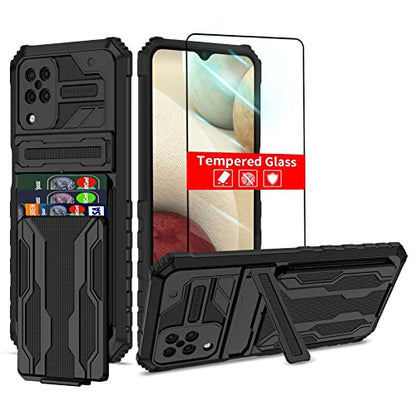for Samsung Galaxy A12 Wallet Case with Card Holder, Black | Detachable Card Holder, Built-in Kickstand, with Screen Protectors, Military Grade, Full Body Shockproof - size: for Galaxy A12 - 6.5''