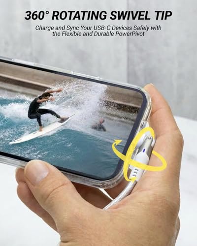 Scosche PowerPivot 60W Fast Charging USB-A to USB-C Cable, 6FT Braided Charger Cord with 360° Pivoting Connector Compatible with iPhone 17/16, iPad, Samsung Galaxy, MacBook & More, White