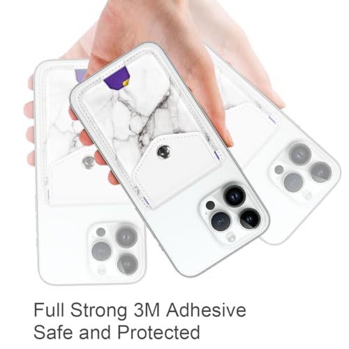 Self Adhesive Card Holders for Back of Phone, Leather RFID Phone Wallet Pockets with Snap, Card Holder Sleeve for Phone Case, White Marble - color: White Marble