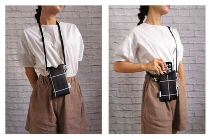 Tainada Neoprene Neck Cell Phone Pouch w/Crossbody Strap (Black Gray Plaid) | For Men/Women; Lightweight cellphone case bag w/ adjustable lanyard; Original design, made in Taiwan; Fits most smartphones - color: Black Gray Plaid
